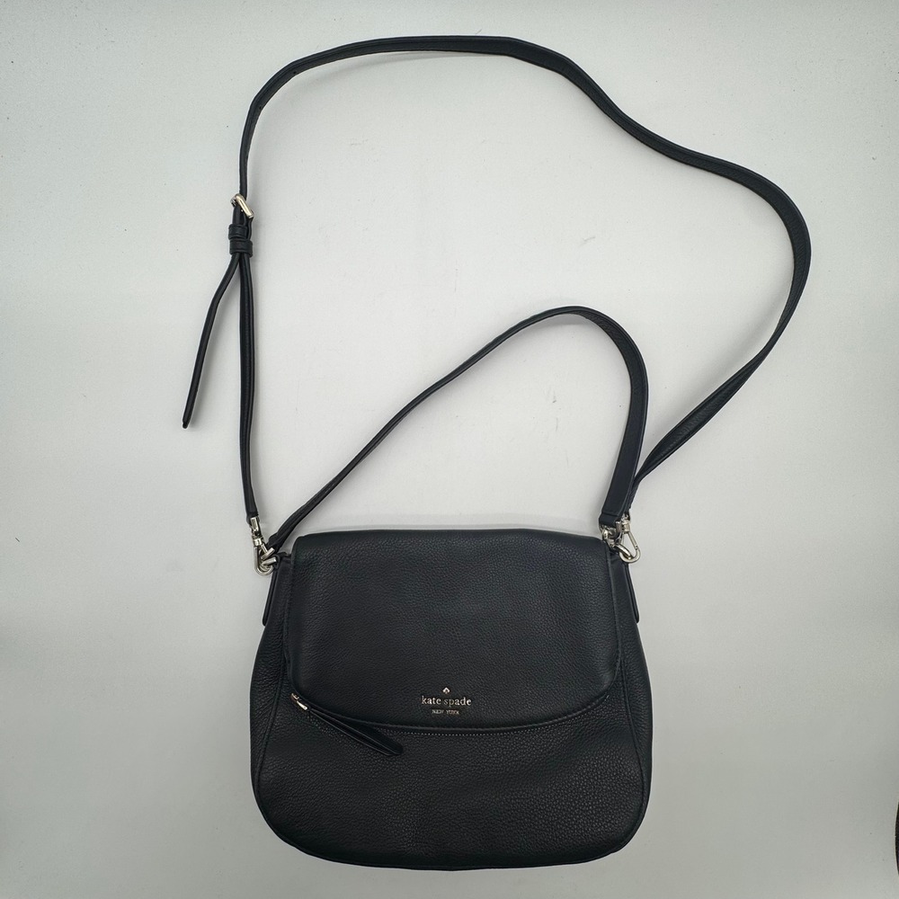 Kate Spade New York Black Pebbled Leather Crossbody Bag Flap Zip Pocket S338